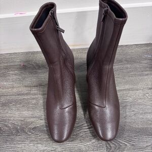 Loeffler Randall Elise  Brown CHOCO Leather Zip Up Boots with Stacked Heel 9.5B